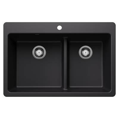 Liven SILGRANIT 33'' 60/40 Double Bowl Dual Mount Kitchen Sink with Low Divide - Coal Black
