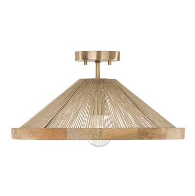 19''W x 7''H 1-Light Dual Mount Pendant in Matte Brass with Mango Wood and Handwrapped Natural Jute Rope String