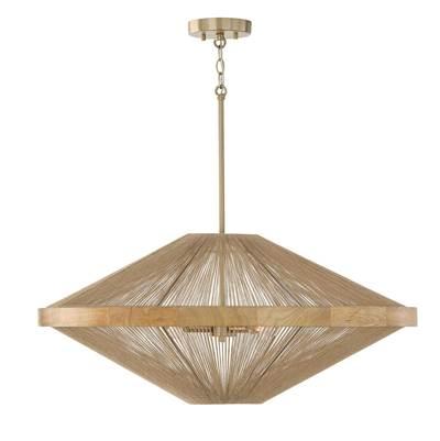31''W x 13.75''H 4-Light Pendant in Matte Brass with Mango Wood and Handwrapped Natural Jute Rope String