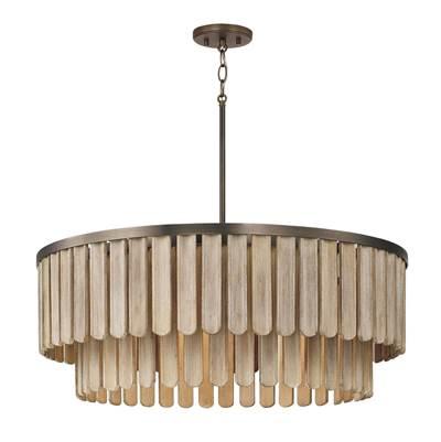 30'' W x 11'' H 6-Light Pendant  in Dark Brass with Handcrafted Mango Wood in Nordic Grey Stain