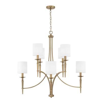 Abbie 8-Light Chandelier in Aged Brass with White Fabric Stay-Straight Shades