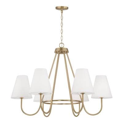 Capital Lighting 36''W X 26.25''H 6-Light Chandelier in Matte Brass with Tapered White Fabric...