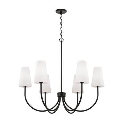 37.25'' W x 26.5'' H 6-Light Transitional Chandelier in Matte Black with Tapered Soft White Glass
