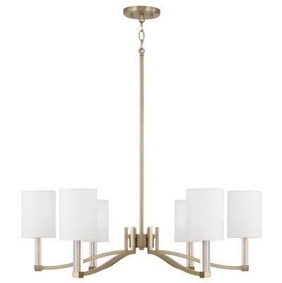 40'' W x 18.5'' H 6-Light Chandelier in Matte Brass with Clear Acrylic Accents and Cylindrical White Fabric Shades