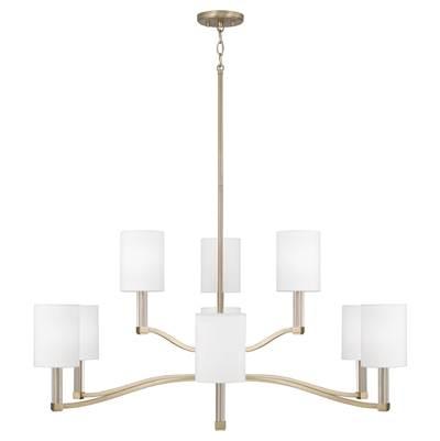 32'' W x 9.25'' H 9-Light Two-Tier Chandelier in Matte Brass with Clear Acrylic Accents and Cylindrical White Fabric Shades
