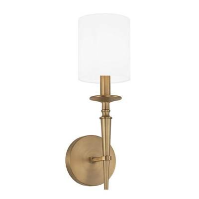 Abbie 1-Light Sconce in Aged Brass with White Fabric Stay-Straight Shade