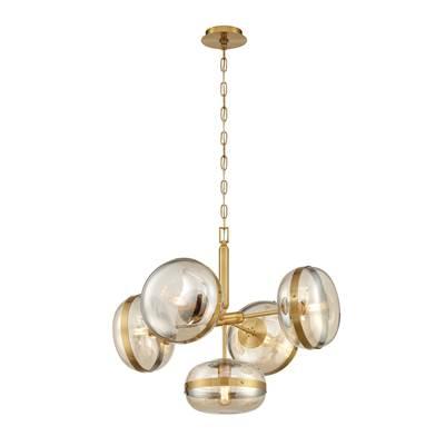 Nottingham, Chandelier, 5-Light, 28'', Antique Brass, Amber Glass