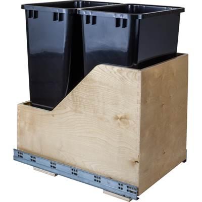 Double 50 Quart Wood Bottom-Mount Soft-close Trashcan Rollout for Hinged Doors, Includes Black Cans