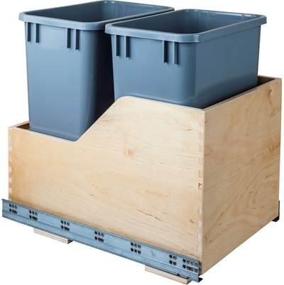 Double 35 Quart Wood Bottom-Mount Soft-close Trashcan Rollout for Hinged Doors, Includes Grey Can by Hardware Resources