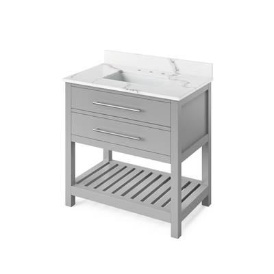 36'' Grey Wavecrest Vanity, Calacatta Vienna Quartz Vanity Top, undermount rectangle bowl by Jeffrey Alexander