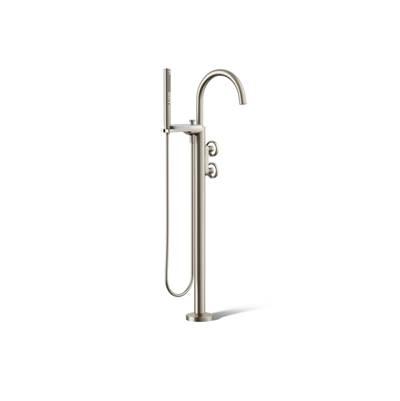 Components Floor-mount bath filler trim with industrial handles and handshower by Kohler