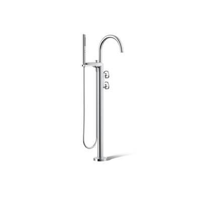 Components Floor-mount bath filler trim with industrial handles and handshower by Kohler