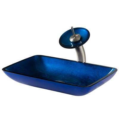 Rectangular Blue Glass Bathroom Vessel Sink and Waterfall Faucet Combo Set with Matching Disk and Pop-Up Drain, Satin Nickel Finish by Kraus