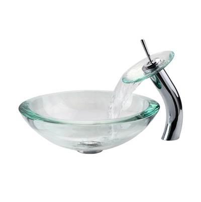 34 mm Thick Glass Vessel Sink in Clear with Waterfall Faucet in Chrome by Kraus