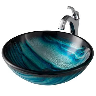 17-inch Blue Glass Nature SeriesE Bathroom Vessel Sink and ArloE Faucet Combo Set with Pop-Up Drain, Chrome Finish