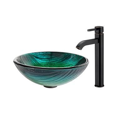 Nei Glass Vessel Sink in Green with Ramus Faucet in Oil Rubbed Bronze by Kraus