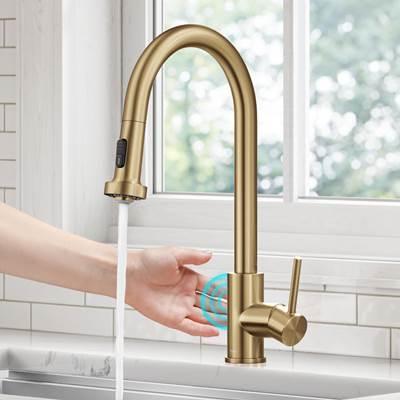 BoldenE Touchless Sensor 2-Function Single Handle Pull Down Kitchen Faucet in Spot-Free Brushed Brass by Kraus