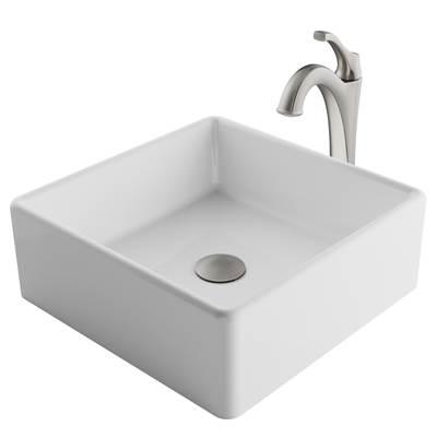 ElavoE 15-inch Square White Porcelain Ceramic Bathroom Vessel Sink and Spot Free ArloE Faucet Combo Set with Pop-Up Drain, Stainless Brushed Nickel Finish