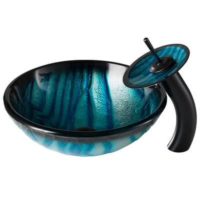 Nature SeriesE Blue Glass Bathroom Vessel Sink and Waterfall Faucet Combo Set with Matching Disk and Pop-Up Drain, Oil Rubbed Bronze Finish