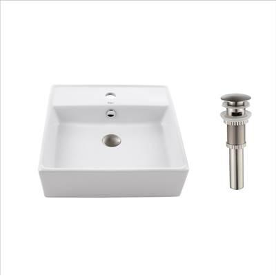 Square Ceramic Vessel Bathroom Sink with Overflow in White and Pop-Up Drain in Satin Nickel