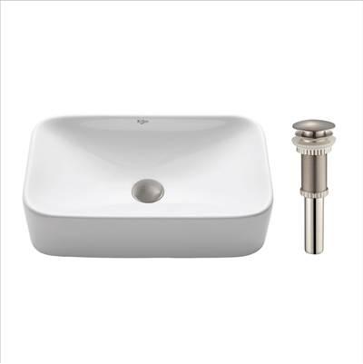 Soft Rectangular Ceramic Vessel Bathroom Sink in White with Pop-Up Drain in Satin Nickel