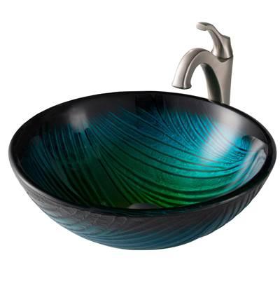 17-inch Green Glass Nature SeriesE Bathroom Vessel Sink and Spot Free ArloE Faucet Combo Set with Pop-Up Drain, Stainless Brushed Nickel Finish by Kraus