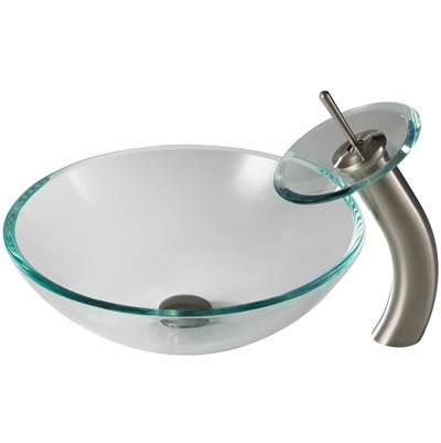 Crystal Clear Glass Bathroom Vessel Sink and Waterfall Faucet Combo Set with Matching Disk and Pop-Up Drain, Satin Nickel Finish