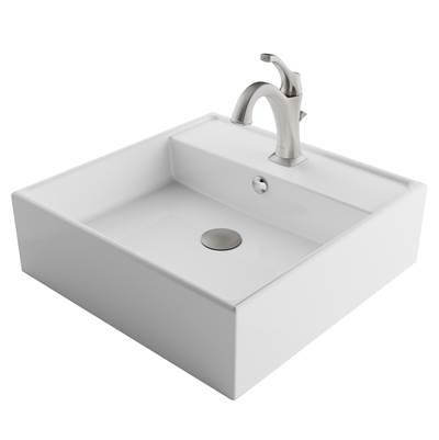 ElavoE 18 1/2-inch Square White Porcelain Ceramic Bathroom Vessel Sink with Overflow and Spot Free ArloE Faucet Combo Set with Lift Rod Drain, Stainless Brushed Nickel Finish