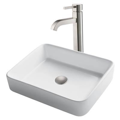 19-inch Modern Rectangular White Porcelain Ceramic Bathroom Vessel Sink and RamusE Faucet Combo Set with Pop-Up Drain, Satin Nickel Finish