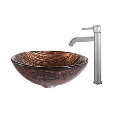 Gaia Glass Vessel Sink in Brown with Ramus Faucet in Satin Nickel