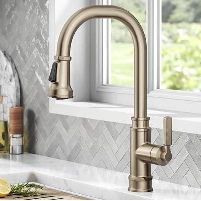 AllynE Transitional Industrial Pull-Down Single Handle Kitchen Faucet in Spot-Free Antique Champagne Bronze