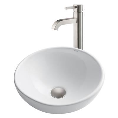 16-inch Round White Porcelain Ceramic Bathroom Vessel Sink and RamusE Faucet Combo Set with Pop-Up Drain, Satin Nickel Finish