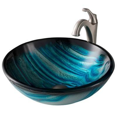 17-inch Blue Glass Nature SeriesE Bathroom Vessel Sink and Spot Free ArloE Faucet Combo Set with Pop-Up Drain, Stainless Brushed Nickel Finish by Kraus