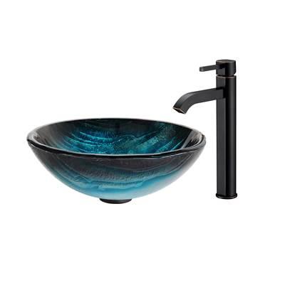 Ladon Glass Vessel Sink in Blue with Ramus Faucet in Oil Rubbed Bronze by Kraus