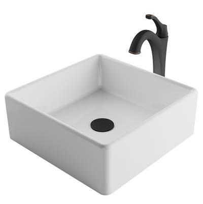 ElavoE 15-inch Square White Porcelain Ceramic Bathroom Vessel Sink and ArloE Faucet Combo Set with Pop-Up Drain, Oil Rubbed Bronze Finish