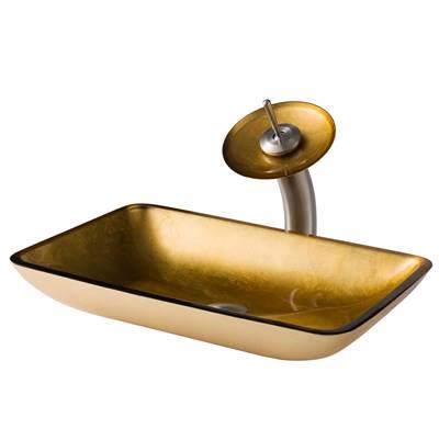 Rectangular Gold Glass Bathroom Vessel Sink and Waterfall Faucet Combo Set with Matching Disk and Pop-Up Drain, Satin Nickel Finish