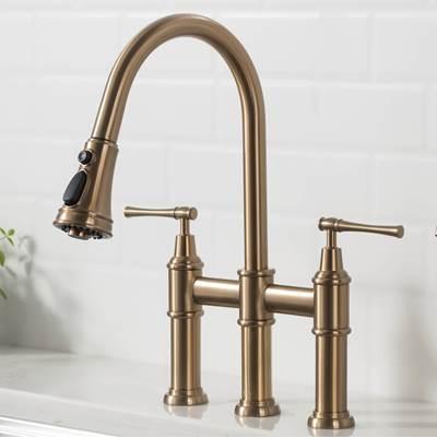 AllynE Transitional Bridge Kitchen Faucet with Pull-Down Sprayhead in Brushed Gold
