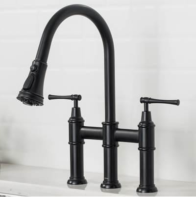 AllynE Transitional Bridge Kitchen Faucet with Pull-Down Sprayhead in Matte Black