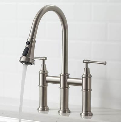 AllynE Transitional Bridge Kitchen Faucet with Pull-Down Sprayhead in Spot Free Stainless Steel by Kraus