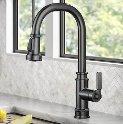 AllynE Transitional Industrial Pull-Down Single Handle Kitchen Faucet in Spot-Free Black Stainless Steel by Kraus