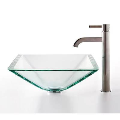 Square Glass Vessel Sink in Clear with Ramus Faucet in Satin Nickel by Kraus