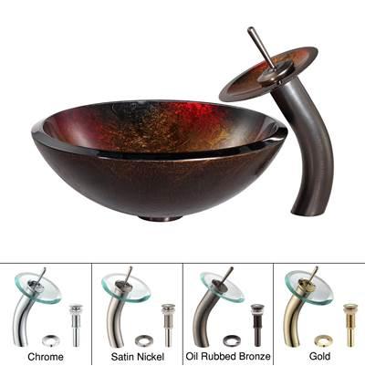 Mercury Glass Vessel Sink in Red/Gold with Waterfall Faucet in Oil Rubbed Bronze by Kraus