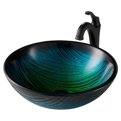 17-inch Green Glass Nature SeriesE Bathroom Vessel Sink and ArloE Faucet Combo Set with Pop-Up Drain, Oil Rubbed Bronze Finish