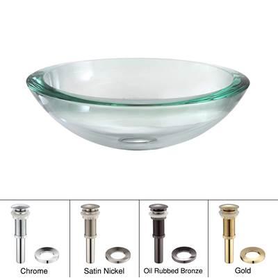 34 mm Thick Glass Vessel Sink in Clear with Pop-Up Drain and Mounting Ring in Chrome