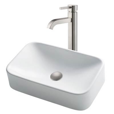 19-inch Rectangular White Porcelain Ceramic Bathroom Vessel Sink and RamusE Faucet Combo Set with Pop-Up Drain, Satin Nickel Finish by Kraus