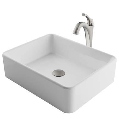 ElavoE 19-inch Modern Rectangular White Porcelain Ceramic Bathroom Vessel Sink and Spot Free ArloE Faucet Combo Set with Pop-Up Drain, Stainless Brushed Nickel Finish by Kraus