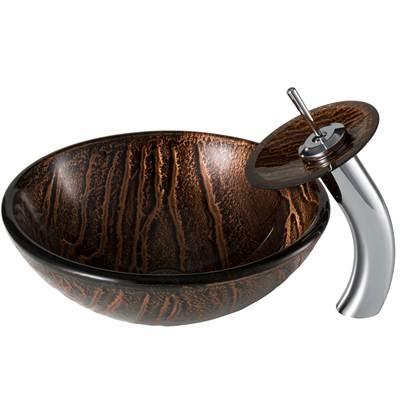 Nature SeriesE Brown Glass Bathroom Vessel Sink and Waterfall Faucet Combo Set with Matching Disk and Pop-Up Drain, Chrome Finish