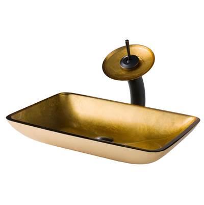 Rectangular Gold Glass Bathroom Vessel Sink and Waterfall Faucet Combo Set with Matching Disk and Pop-Up Drain, Oil Rubbed Bronze Finish by Kraus