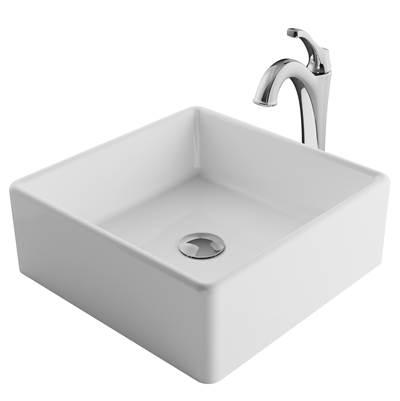 ElavoE 15-inch Square White Porcelain Ceramic Bathroom Vessel Sink and ArloE Faucet Combo Set with Pop-Up Drain, Chrome Finish by Kraus