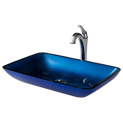22-inch Rectangular Blue Glass Bathroom Vessel Sink and ArloE Faucet Combo Set with Pop-Up Drain, Chrome Finish by Kraus